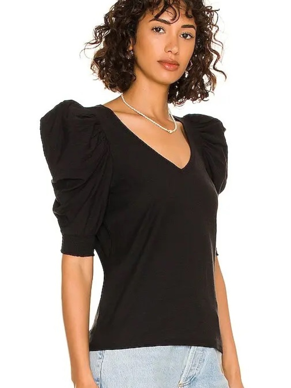 Nation LTD Celine V Neck Puff Sleeve Tee in Jet Black - XS